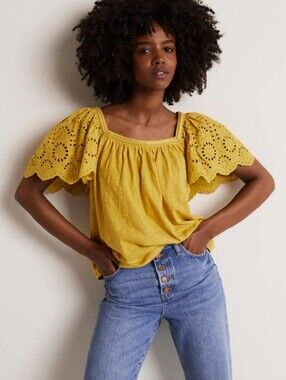 Boden Mustard Eyelet Square Neck  Flutter Sleeve Top